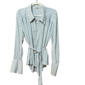 Free People Striped Modern Muse Neck Tie Blouse Blue White sz L